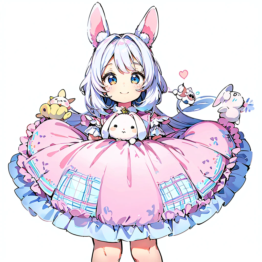 1girl,(((Little、cute、Highest quality、Masterpiece、Official Art、White background、The best composition、Super detailed)))、smile、Heartwarming、Soft and fluffy、pastel colour、whole body、smile、Standing with a stuffed rabbit、ふわふわなLittle、Rubber Mascot、