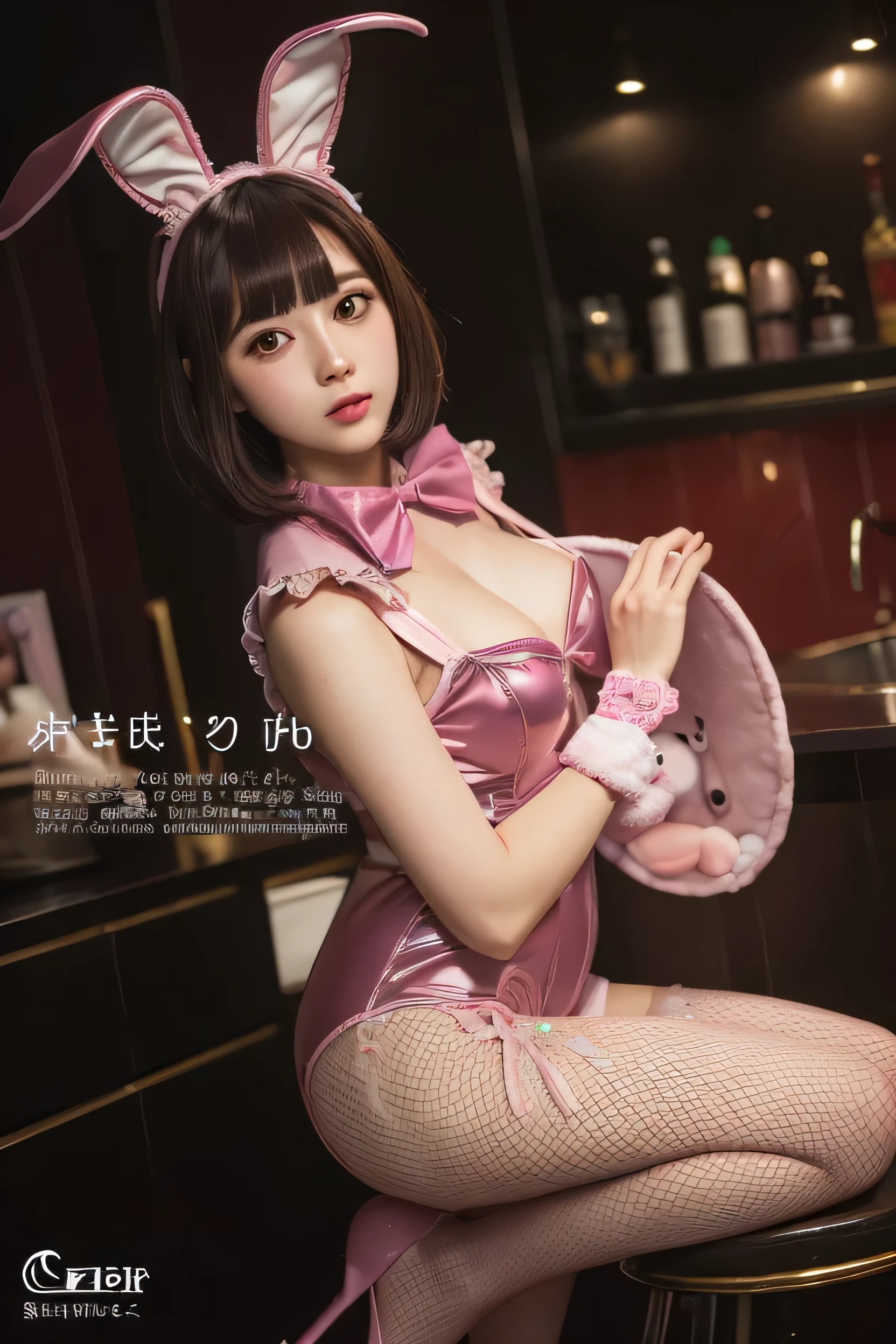 ((masterpiece)),((Highest quality)),((High detail)),((Realistic,)) ((Super detailed)) ((Bob Hair))((Baby pink bunny girl costume))　((Enamel luster))　