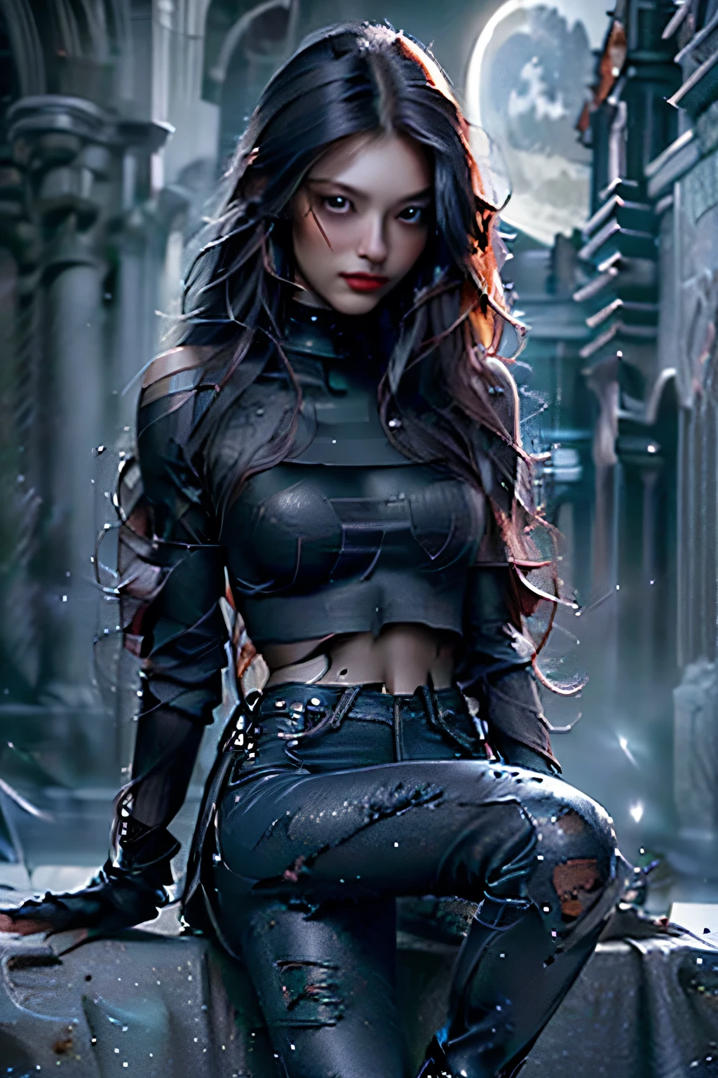 (Sci-fi fantasy), (masterpiece), (Professional Oil Painting) (最high quality), (8K resolution), (1 beautiful girl), ((Pale grey skin)), (Iron grey skin), ((Jeans Clothes)),(Red jacket)), ((Black t-shirt underneath), ((Red lipstick)), ((Black sneakers)), (Concept Art), Small box, (Long Hair), (Messy Hair), (Black Hair), (Iron-gray hair), ((With futuristic weapons)), (ammunition), ((Moonlight at night)), (Sit down and think)), masterpiece, 最high quality, high quality, High resolution,