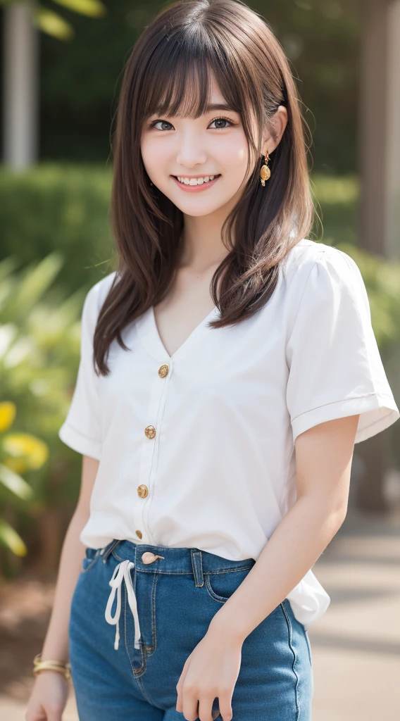 Tabletop, Highest quality, 8K, 18-year-old, RAW Photos, (Cute Smile), alone, A cute face like an idol, Delicate girl, Esbian all over, Thigh close-up、Digital SLR, View your viewers, Frank, Sophisticated,Hide your arms behind your back, Professional Lighting, Film Grain, chromatic aberration, (Eye and facial details:1.0), (Bokeh:1.1) , (Cute childish face、Round face、A cute short Chinese dress、I can see your pants.、Clothing that emphasizes the bulge of the chest:1.3)、Big Breasts