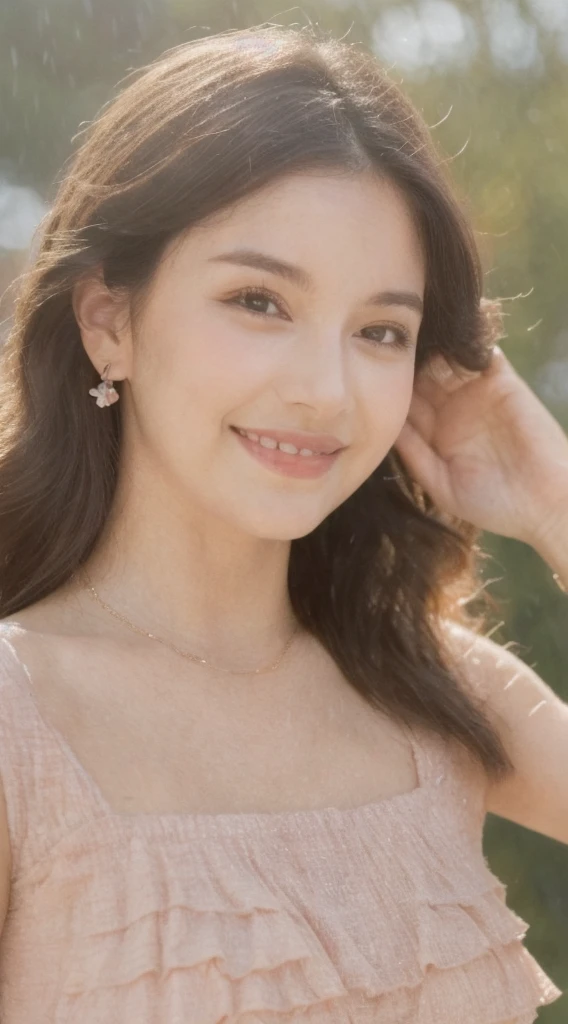 ((Best Quality, 8K, Masterpiece:1.3)), Focus: 1.2, Perfect Body Beauty: 1.4, Buttocks: 1.2, ((Layered Haircut, Breasts: 1.2)), (Wet Clothes: 1.1), (Rain, Street:1.3), Bandeau Dress: 1.1, Highly Detailed Face and Skin Texture, Fine Eyes, Double Eyelids, Whitening Skin, Long Hair, (Shut Up: 1.3), Smile "Create a high-quality profile picture of a young Latina woman named Bella Rivera. She is 24 years old, with a softer, curvier build and a warm medium-tan complexion. Bella has an oval-shaped face with high cheekbones, almond-shaped dark brown eyes, and thick, well-groomed eyebrows with a natural arch. Her nose is straight with a slight elegant curve, and she has full lips with a natural pink hue. Bella has a bright, warm smile with subtle dimples, and a small beauty mark above her upper lip on the left side. Her long, wavy hair is deep brown with natural highlights.
In this photo, Bella is wearing a casual yet feminine outfit. She is dressed in a flowy, floral-patterned sundress that highlights her curves and enhances her soft build. The dress has a light, pastel color palette and delicate details such as ruffles or lace. She accessorizes with simple, elegant jewelry like small hoop earrings, a delicate necklace, and a couple of bracelets. Her makeup is natural, with a focus on her bright smile and expressive eyes.
Bella should be standing or sitting in a relaxed and comfortable pose, perhaps holding a cup of coffee or a bouquet of flowers, to enhance the casual and feminine vibe. The background should be a softly blurred outdoor setting, like a park or garden, with natural light highlighting her features and outfit."