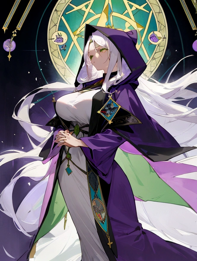full-length, girl, long purple robe dress, hands made of tarot cards, long white hair, tired green eyes, hood, big breasts, slender figure