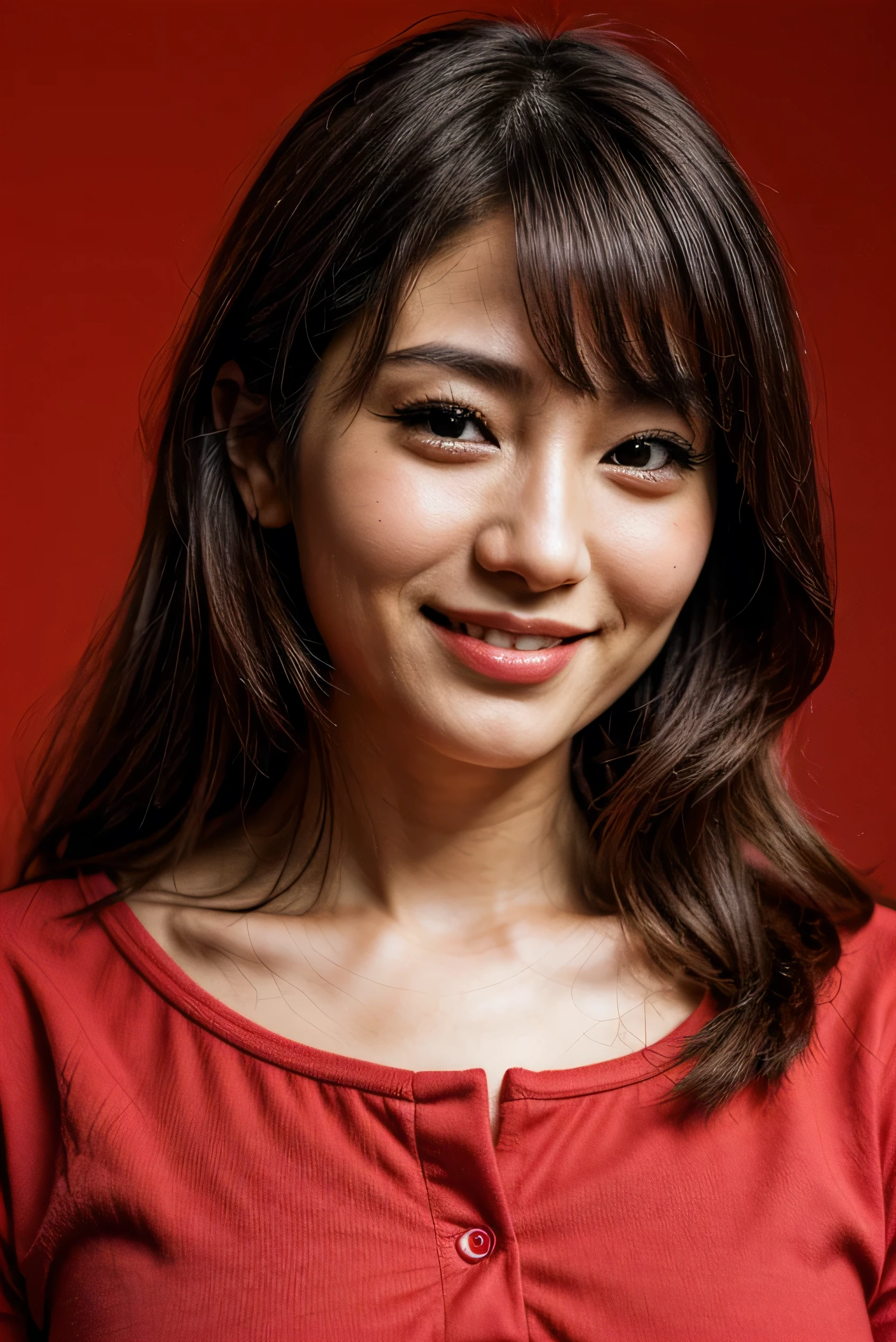 face perfect, beautiful face of a 30 year old Japanese woman, Smiling beautiful, with red background