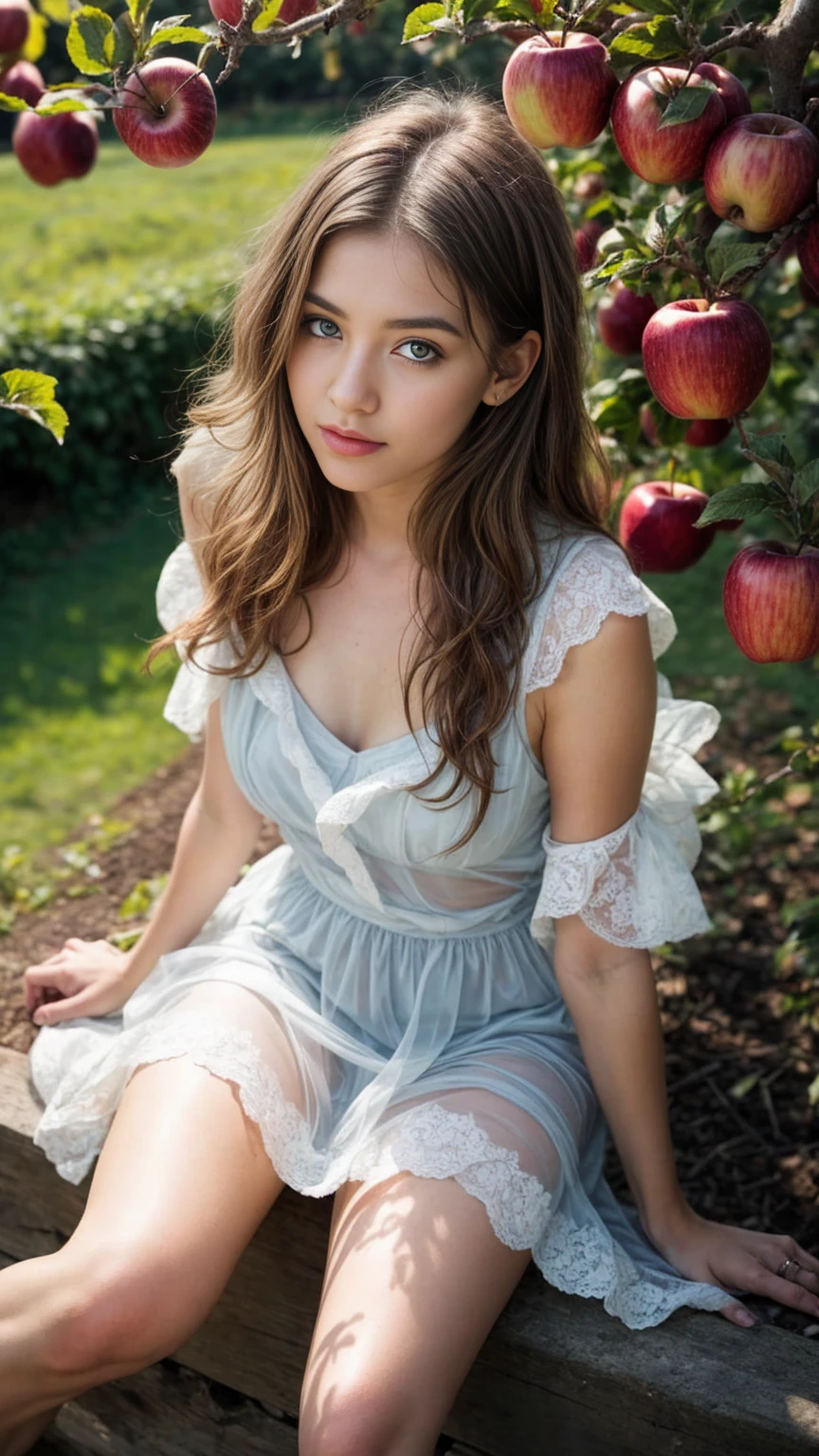 A beautiful european girl, Eve, wearing white organza dress, transparent dress, white transparent stockings, crystal scandalls, full body, from above, an overhead shot, red apples, near an apple tree. She is 24 years old, has light brown hair, long fair hair, curly hair and light blue eyes. Her cloth is stylish and her overall appearance is stunning. The girl's face is extremely detailed with beautifully detailed lips. Her skin is anatomically correct with realistic textures. The image should have super high details and be of the best quality, with a resolution of 8K. The final result should be a masterpiece, showcasing the girl's beauty and the vibrant atmosphere of the garden and apple trees