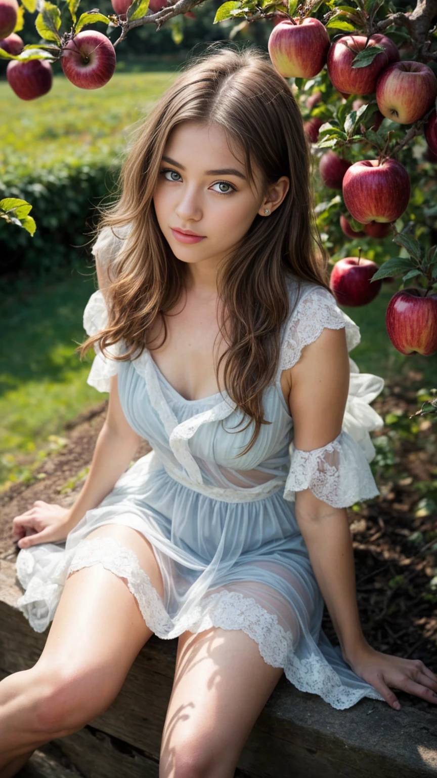 A beautiful european girl, Eve, wearing white organza dress, transparent dress, white transparent stockings, crystal scandalls, full body, from above, an overhead shot, red apples, near an apple tree. She is 24 years old, has light brown hair, long fair hair, curly hair and light blue eyes. Her cloth is stylish and her overall appearance is stunning. The girl's face is extremely detailed with beautifully detailed lips. Her skin is anatomically correct with realistic textures. The image should have super high details and be of the best quality, with a resolution of 8K. The final result should be a masterpiece, showcasing the girl's beauty and the vibrant atmosphere of the garden and apple trees