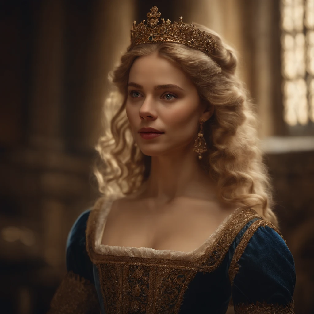 1girl, beautiful young queen Aurélia Windrider, curly blonde hair, light eyes, fair skin, sweet expression, 17th century, detailed portrait, (best quality,4k,8k,highres,masterpiece:1.2),ultra-detailed,(realistic,photorealistic,photo-realistic:1.37),oil painting, cinematic lighting, intricate details, warm color tones, elegant dress, lush castle background, dramatic atmosphere