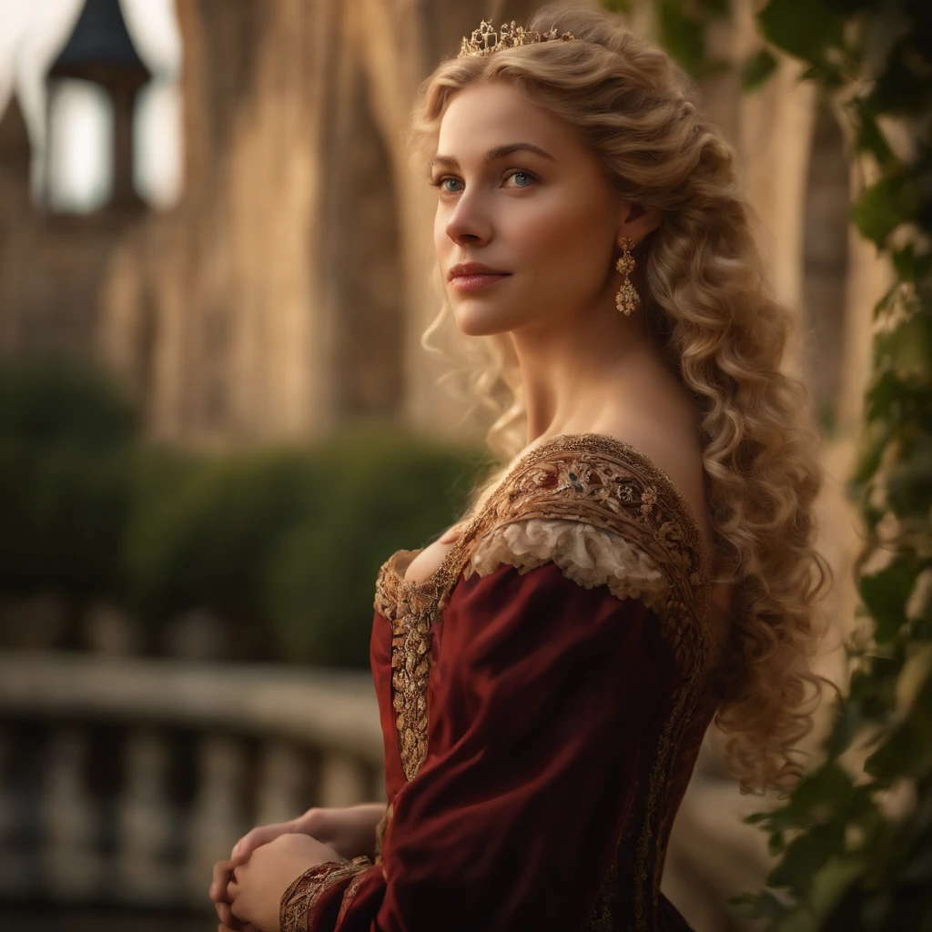 1girl, beautiful young queen Aurélia Windrider, curly blonde hair, light eyes, fair skin, sweet expression, 17th century, detailed portrait, (best quality,4k,8k,highres,masterpiece:1.2),ultra-detailed,(realistic,photorealistic,photo-realistic:1.37),oil painting, cinematic lighting, intricate details, warm color tones, elegant dress, lush castle background, dramatic atmosphere