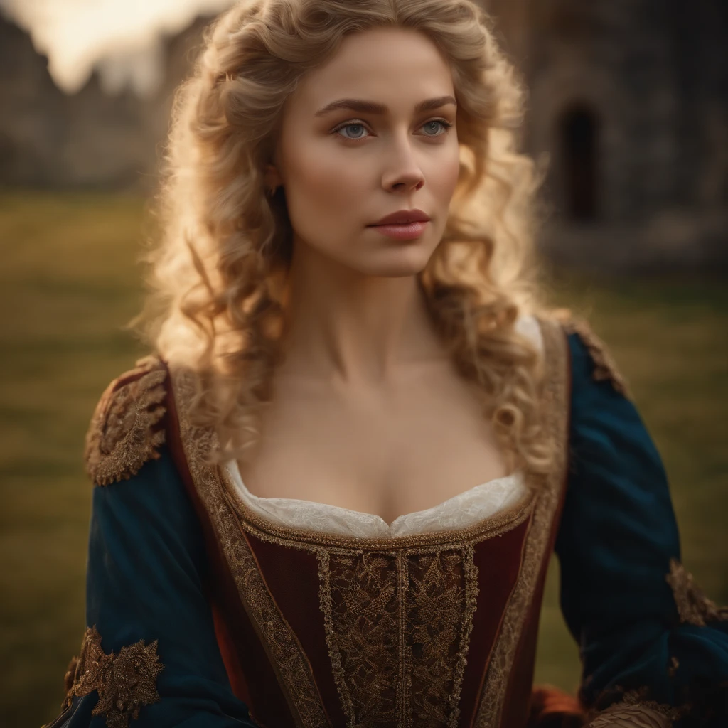 1girl, beautiful young queen Aurélia Windrider, curly blonde hair, light eyes, fair skin, sweet expression, 17th century, detailed portrait, (best quality,4k,8k,highres,masterpiece:1.2),ultra-detailed,(realistic,photorealistic,photo-realistic:1.37),oil painting, cinematic lighting, intricate details, warm color tones, elegant dress, lush castle background, dramatic atmosphere