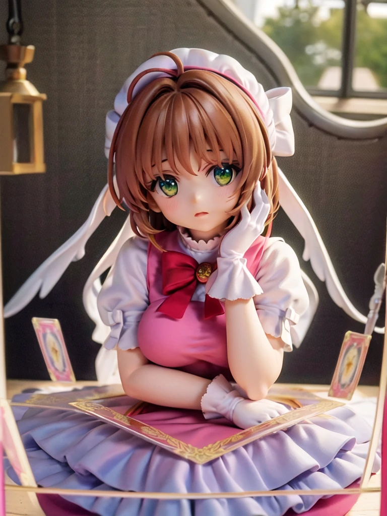 ((Highest quality)), ((masterpiece)), (be familiar with), Perfect Face, Big eyes, Drooping eyes, eyelash, The sparkling light of the eyes, (card captor sakura), (kinomoto sakura), green eyes, pink headwear, frills, pink dress, puffy short sleeves, white gloves, red bow, (mini skirt lift), (intricate detailed white satin panties), big breasts close your mouth, embarrassed, bed room
