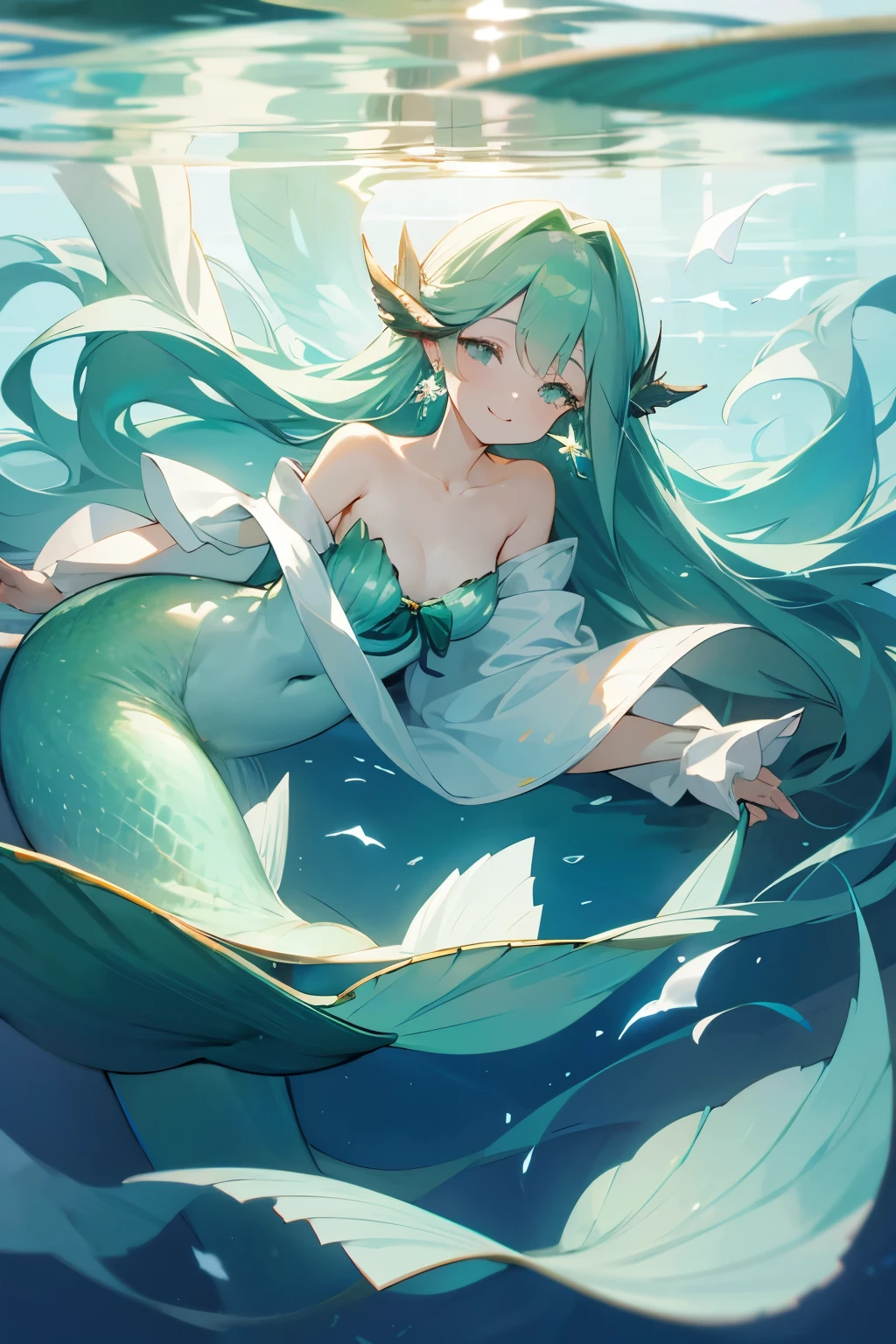 1 Mermaid。Light blue long hair。Green fin。Dangling earrings on both ears。smile。Illustrations with a soft atmosphere。The whole body is painted。In the sea。