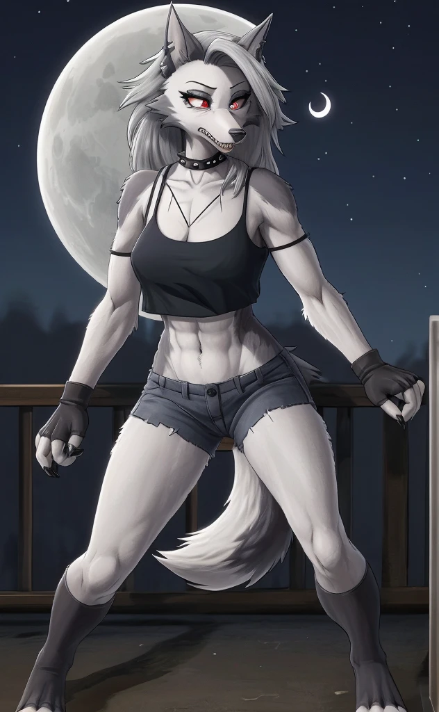 Loona is a hellhound with a wolf-like appearance. She has a pointed, dog-like muzzle with sharp and pointy teeth, and a dark grey nose. Her eyes have red sclera, white irises and slit-like pupils, and she wears grey eyeshadow and black winged-eyeliner for makeup, Her fur is white with grey countershading encircling her face, grey patches on her shoulders, and long, voluminous silver hair swept to the side to reveal her dark grey ears; the left of which is pierced with two small, black hoop-piercings, while the right is ragged. She has a large, dark grey bushy tail with white on the underside. She also has a piercing on her right eyebrow with a black hoop for jewelry, Her outfit features a large, spiked black choker around her neck. Her tattered grey, off-the-shoulder crop-top is held up at the neckline by a series of crisscross spaghetti-straps that form an inverted pentagram. She also wears a set of black shorts that are tattered at the hems, with a white crescent moon detail on the right side, Loona also accessorizes with both black fingerless gloves and black thigh-high toeless stockings, with her black claws protruding due to her digitigrade stance., anthro wolf, female, adult, muscles, white fur, buffed body, tail, sexy, beefy body, furred body, furry chest hair, realistic, full body, photorealistic, ultra realistic, 8k, night, bare-chested,