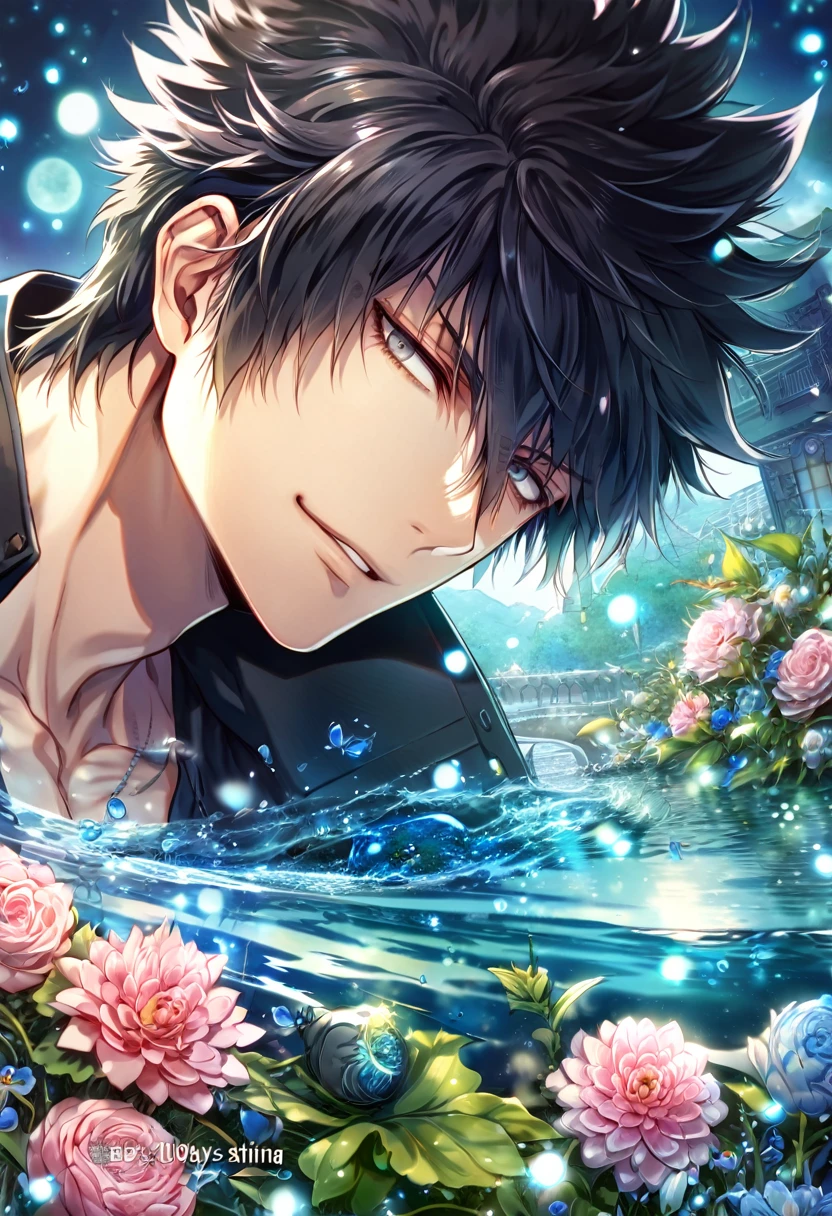 absurdres, highres, ultra detailed, HDR, master piece, Kougami Shinya, black hair, expressive grey eyes, black shirt, black jacket, Psycho Pass, sexy man, handsome, best quality, blue moon, flowers, fantasy, magical, solo, water, blue shining fireflies, blue petals, handsome smile