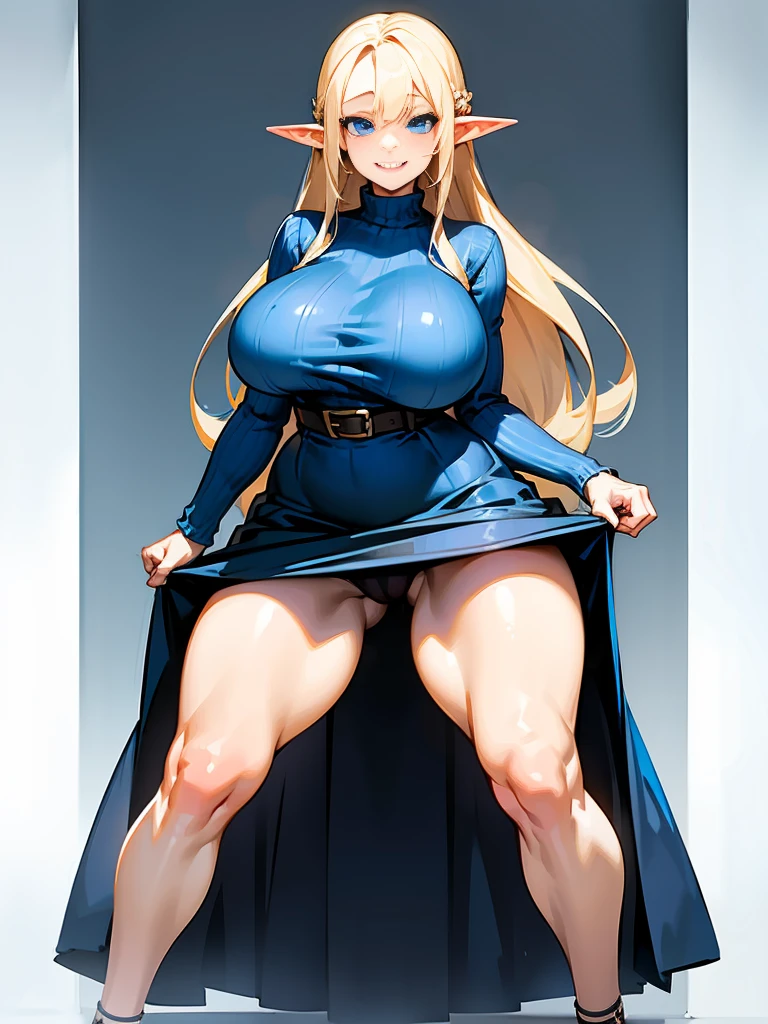 young elf girl, blue eyes, blue Pullover, black long skirt, whole body to see, smiled, excited, moans, blond long hair, sexy pose, big breasts, wide hips