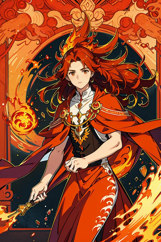 High-quality digital painting of a young man with long brown hair and piercing orange eyes, adorned in mediaval attire, controlling vibrant flames with a pair of enormous crimson wings sprouting from his back, intense and powerful, detailed hair and facial features without facial hair and without fire or accessories on the face looking forward, fiery and majestic, fantasy, vibrant color palette, dramatic lighting