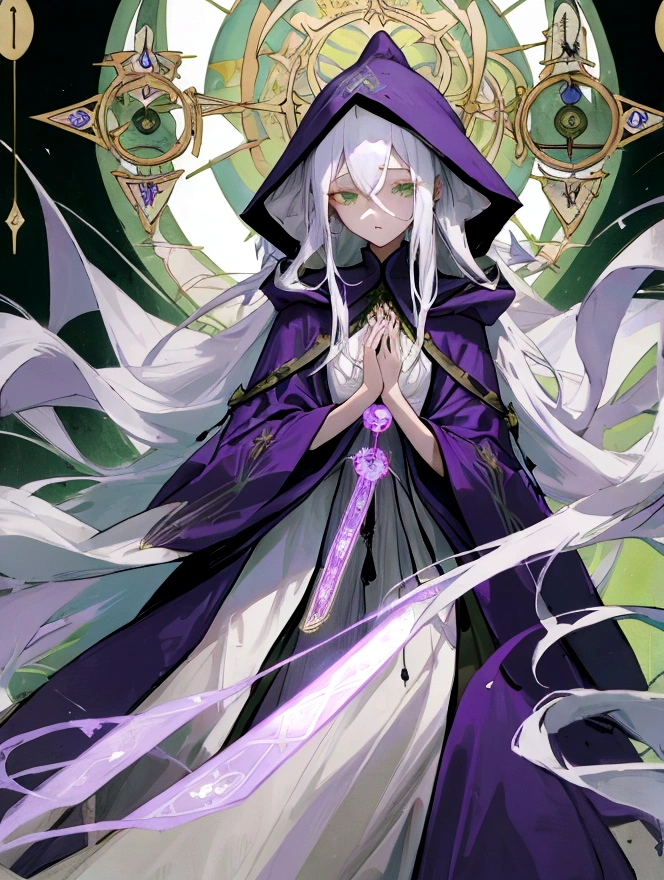 full-length, girl, long purple robe dress, hands made of tarot cards, long white hair, tired green eyes, hood, medium chest, slim figure