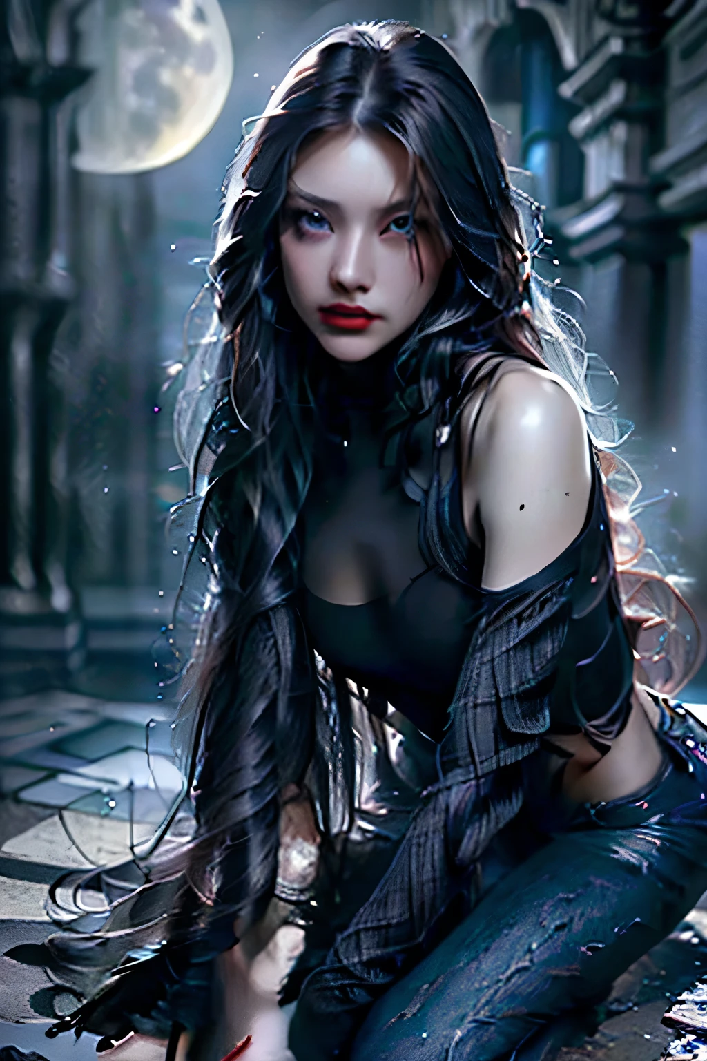 (Sci-fi fantasy), (masterpiece), (Professional Oil Painting) (最high quality), (8K resolution), (1 beautiful girl), ((Pale grey skin)), (Iron grey skin), ((Jeans Clothes)),(Red jacket)), ((Black t-shirt underneath), ((Red lipstick)), ((Black sneakers)), (Concept Art), Small box, (Long Hair), (Messy Hair), (Black Hair), (Iron-gray hair), ((With futuristic weapons)), (ammunition), ((Moonlight at night)), (Sit down and think)), masterpiece, 最high quality, high quality, High resolution,