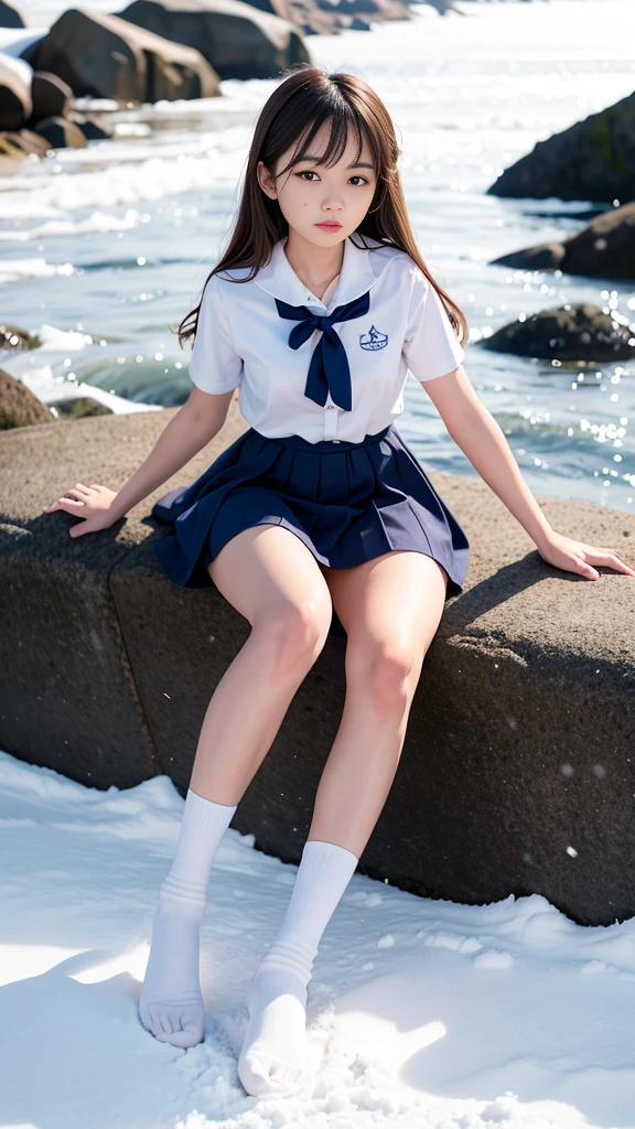 (photograph_\\(Moderate\\):1.2), One Girl, (photographrealsitic:1.2), Surreal, Photorealism, Close-up, barefoot, Brown hair, Beaver, Bans, Iris, steampunk, Sailor suit, , high school girl, cute, It gives me goosebumps, Ultra mini skirt, Dark blue pleated skirt, Heavy snow falls on the snowy mountain,background, Ephemeral, whole body, standing, skin with It gives me goosebumps, Super beautiful feet, Depth of written boundary, In 8K, Visual Effects, Hmph, Very slim girl, Short socks, Tri-fold socks, White socks, Very short sleeves, cute, Wounded, Short sleeves even in winter, Beautiful girl, Idol, Y2K, Strap shoes, Loafer shoes、sexy
