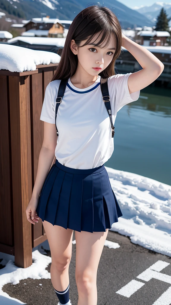 (photograph_\\(Moderate\\):1.2), One Girl, (photographrealsitic:1.2), Surreal, Photorealism, Close-up, barefoot, Brown hair, Beaver, Bans, Iris, steampunk, Sailor suit, , high school girl, cute, It gives me goosebumps, Ultra mini skirt, Dark blue pleated skirt, Heavy snow falls on the snowy mountain,background, Ephemeral, whole body, standing, skin with It gives me goosebumps, Super beautiful feet, Depth of written boundary, In 8K, Visual Effects, Hmph, Very slim girl, Short socks, Tri-fold socks, White socks, Very short sleeves, cute, Wounded, Short sleeves even in winter, Beautiful girl, Idol, Y2K, Strap shoes, Loafer shoes、sexy