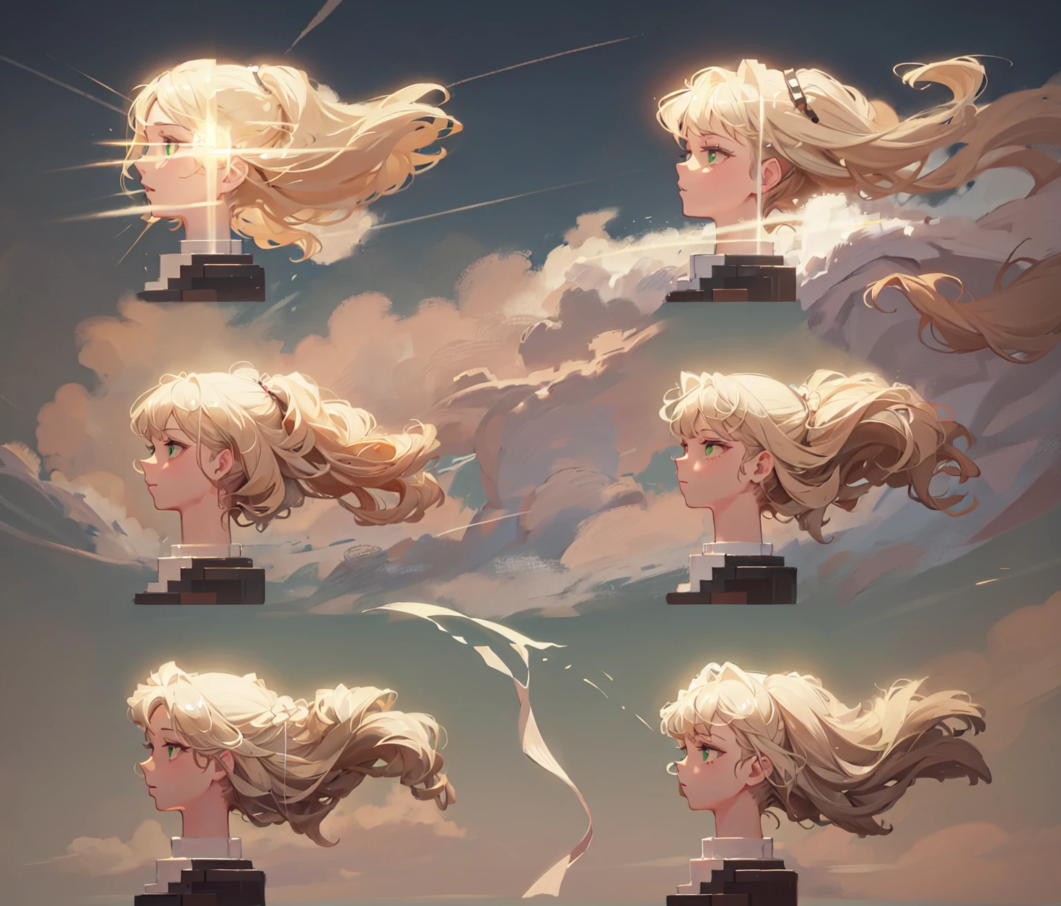 masterpiece, best quality, 1girl, ((young girl)), shiny skin, ((small size)), hot, soft natural lighting, reflections, bright illuminations, head focus, ((sexy blond hair)), big long blond hair,sexy, slim figure, Detailed green eyes, Detailed face, Detailed eyes, the anime girl is wind, wind hair, wind sequence, head dynamic poses, dynamic pose realistic, various pose, dynamic poses, realistic human movement