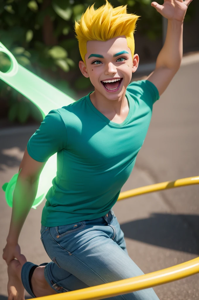 3D cartoon character of boy in fun Disney style pulling, with glowing yellow skin, eyes browns, straight blue hair with a pompadour, light green t-shirt, green jeans, barefoot. Face with a look of joy.