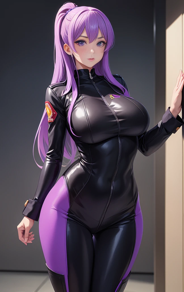 girl, With big breasts, with purple spy suit, lavender long fur, violet eyes, futurist.
