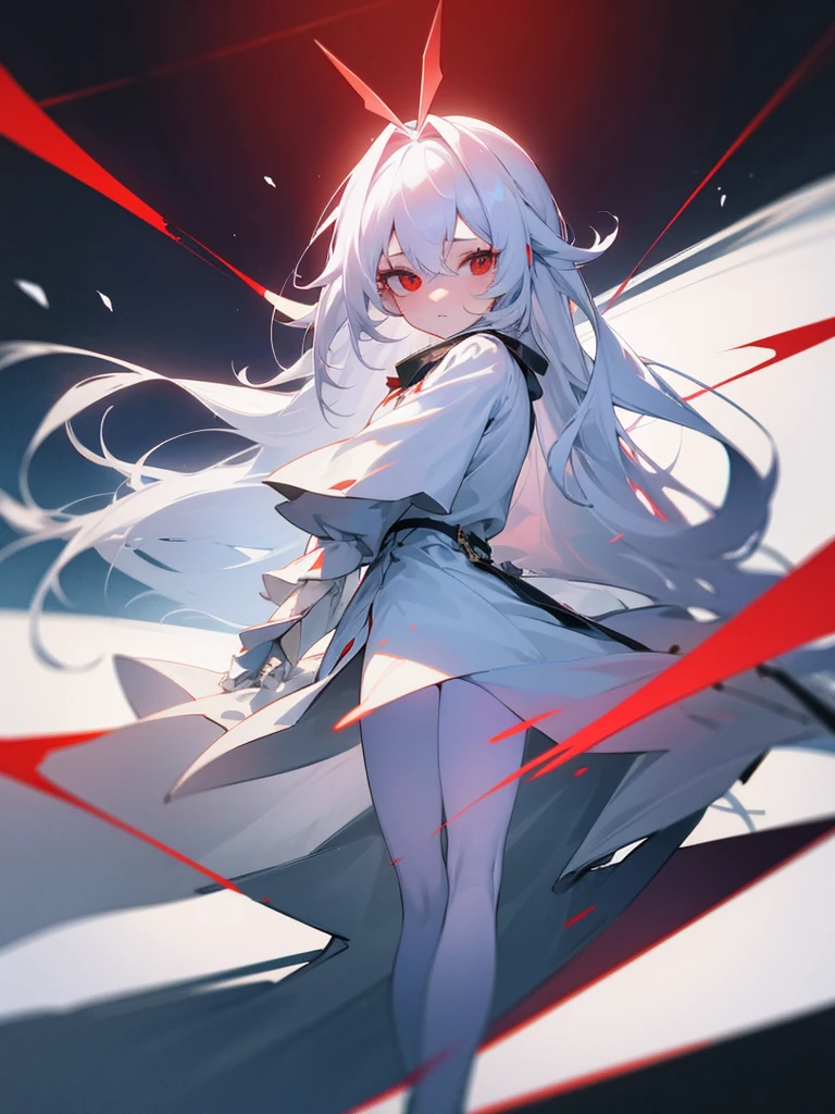 1girl, long white hair, red eyes, wearing simple dress, white tights, historical city, absurdres, high res, ultrasharp, 8K, masterpiece, looking at viewer