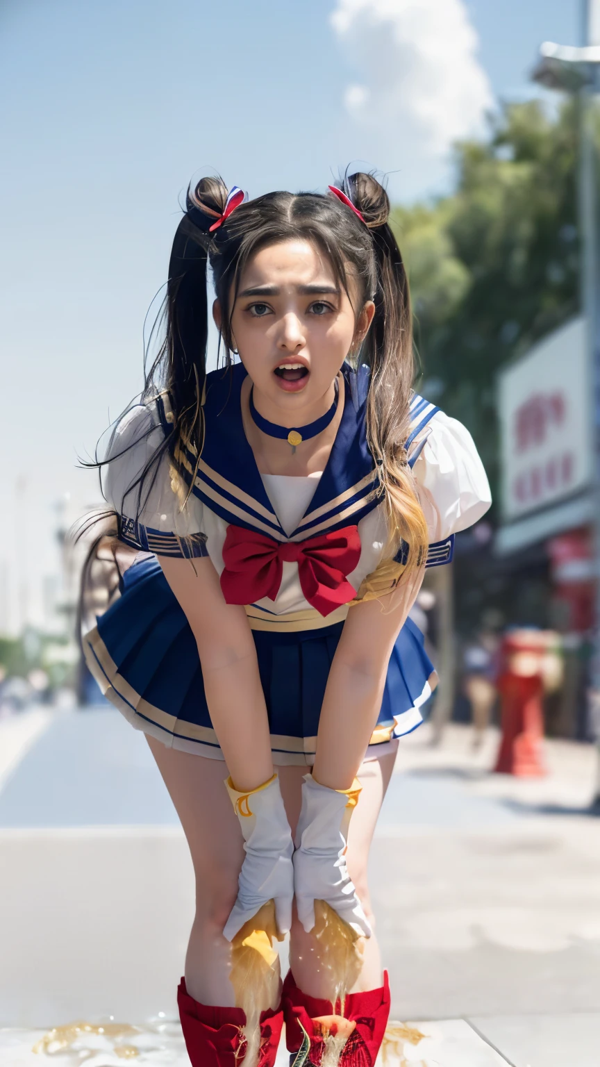 (masterpiece, best quality:1.2), (realistic, photo-realistic:1.4), RAW photo, high resolution, extremely detailed, intricate details, realistic and sharp details, cinematic lighting, (frontal photography, view from below:1.3), (full body), (sailor moon, tsukino usagi, aausagi), solo, 1girl, a 19yo female idol, (standing with spread legs, leaning forward, hands between legs), (wearing a sailor senshi uniform:1.5), (long hair, blonde hair, double bun, twintails:1.4), (elbow-gloves, white-gloves, darkblue-collar, lowcut-skirt, short skirt, darkblue-miniskirt, red-choker, red-bowtie, red-boots:1.5), jewelry, detailed face, detailed eyes, pale skin, fine-textured skin,
 (peeing self,urination:1.8), (ashamed, humiliation, desperation, open mouth:1.2), desperate for peeing, wetting her clothes, pee running down her legs, desperate pose to pee, desperate face to pee, urine puddle,
photo background, outdoors, shopping mall, (crowd in background:1.5), daytime, sunny, 