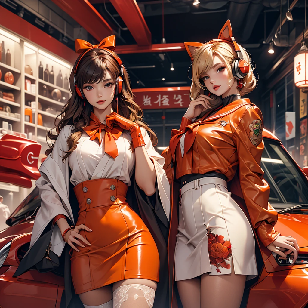 Wearing headphones, Luxury brand fashion Girl, Hans Bellmer, stand in front of a red electric supercar, Beautiful girls in sailor uniform, illustration, have a hand blaster, Korean, stand in front of a red electric car, avant garde painting, green, yellow, orange, purple, female, dark red boots, red ribbon, red brown leather clothing, ball jointed doll, black tie, red mini skirt, wearing headphones, Luxury Brand Fashion, blonde, star, Japanese, Surrealism Illustration. Long black hair