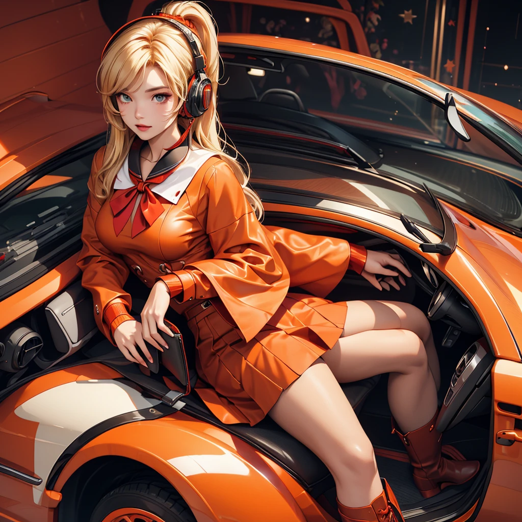 Wearing headphones, Luxury brand fashion Girl, Hans Bellmer, stand in front of a red electric supercar, Beautiful girls in sailor uniform, illustration, have a hand blaster, Korean, stand in front of a red electric car, avant garde painting, green, yellow, orange, purple, female, dark red boots, red ribbon, red brown leather clothing, ball jointed doll, black tie, red mini skirt, wearing headphones, Luxury Brand Fashion, blonde, star, Japanese, Surrealism Illustration. Long black hair