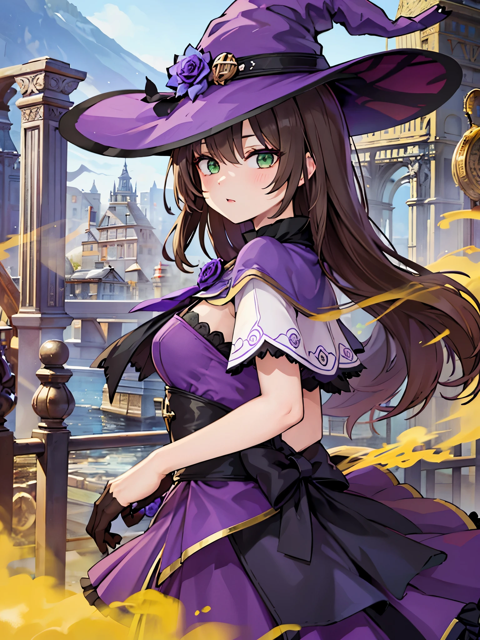 masterpiece, Highest quality, (fart, farting, Yellow gas, 顔farting:1.3), ((お尻からのfart)), Yellow smoke, beautiful girl, Perfect Face, Arms at your sides, whole body, Lisa (Genshin Impact), urple witch hat, Green Eyes, Brown Hair, (Facing the children_v1:0.008), (Europe:1.6), bangs, dress, Rose, jewelry, witch, Capelet, Purple hat, Black gloves, Purple Flower, Hair between the eyes, purple Rose, Part your lips, purple Capelet, Hat Flower, multicolored dress, hair ornaments, windmill, From the side,