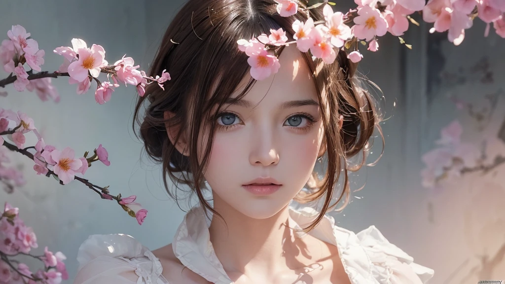 32k, Masterpiece, Highest quality, One girl, Brown Hair, Detailed eyes, flower,Freesia, Pink and white style,A dreamy, romantic piece,Pale yellow, Mysterious Leaves,A playful arrangement,Fantasy,High Contrast,Ink strokes,explosion,Exposure, Impressions of pink and white tones,Abstract,((Watercolours by John Berkey and Jeremy Mann )) Brush strokes,Negative Space, Tyndall effect,