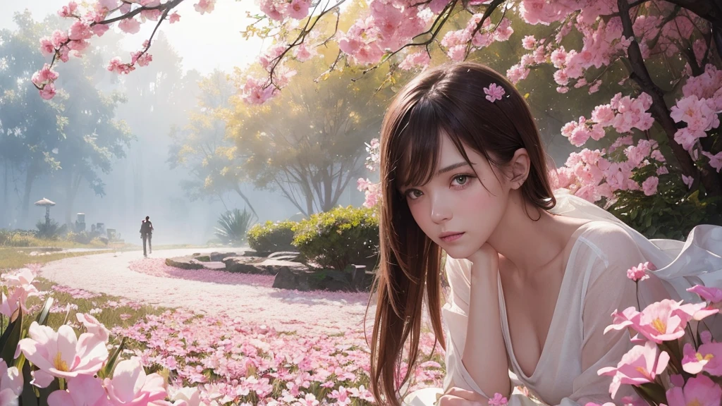 32k, Masterpiece, Highest quality, One girl, Brown Hair, Detailed eyes, flower,Freesia, Pink and white style,A dreamy, romantic piece,Pale yellow, Mysterious Leaves,A playful arrangement,Fantasy,High Contrast,Ink strokes,explosion,Exposure, Impressions of pink and white tones,Abstract,((Watercolours by John Berkey and Jeremy Mann )) Brush strokes,Negative Space, Tyndall effect,