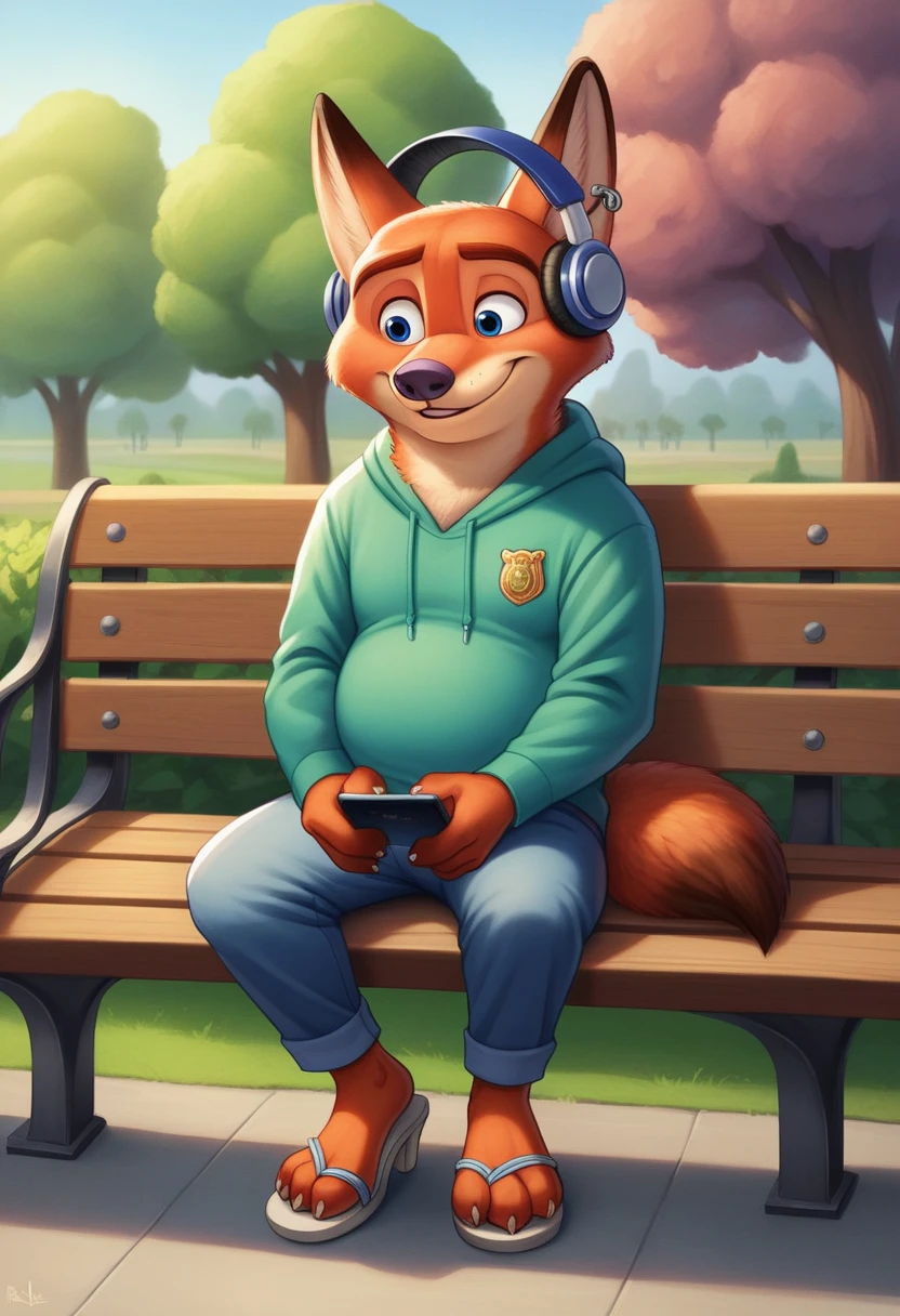 Hyperrealist art, furry portrait, vivid colours, full body picture, full figure image, masterpiece, best quality, high resolution, brawny barefoot Gideon Grey blue eyes  Zootopia, cute, beefy, chubby, male fox, redish fur, longer fur on cheeks, side part hair style, shorter snout) in casual teens clothes hoodie, long pants,shoes,sandals high heels, sitting on park bench, detailed nice feet with short claws, watching video on smartphone, red glow in his eyes, smiling, Earplug Headphones. detailed background, anatomically correct, 8k, (wide dynamic range, dynamic angles and pose:1.2), sharp, focused, (DOA):1.23, (Particle),（author：by Jackaloo）