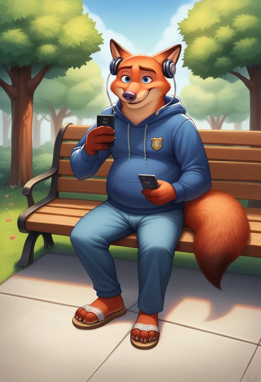 Hyperrealist art, furry portrait, vivid colours, full body picture, full figure image, masterpiece, best quality, high resolution, brawny barefoot Gideon Grey blue eyes Zootopia, cute, beefy, chubby, male fox, redish fur, longer fur on cheeks, side part hair style, shorter snout) in casual s clothes hoodie, long pants,shoes,sandals high heels, sitting on park bench, detailed nice feet with short claws, watching video on smartphone, red glow in his eyes, smiling, Earplug Headphones. detailed background, anatomically correct, 8k, (wide dynamic range, dynamic angles and pose:1.2), sharp, focused, (DOA):1.23, (Particle),(author:by Jackaloo)