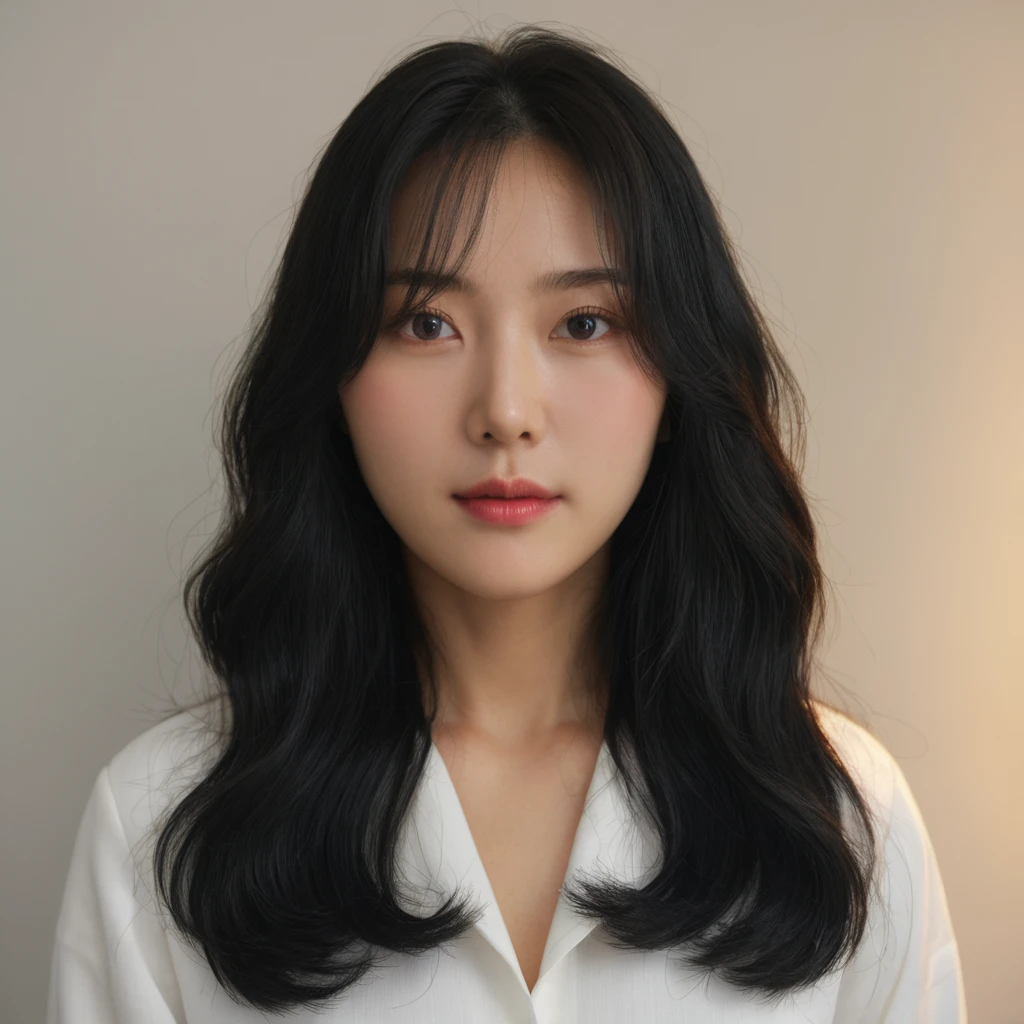 Best Quality, 8k, Masterpiece, (Portrait: 1.3), (photo realistic:1.4), (hyper realistic:1.4), Sharp Focus, looking at viewer, (smoother lighting:1.1), (increase cinematic lighting quality:0.9), realistic lighting, backlighting, light on face, ray trace, (brightening light:1.2), (Increase quality:1.4), sharp detail, (best quality real texture skin:1.4), finely detailed eyes, black_eyes, finely detailed face, 25 year old Korean woman