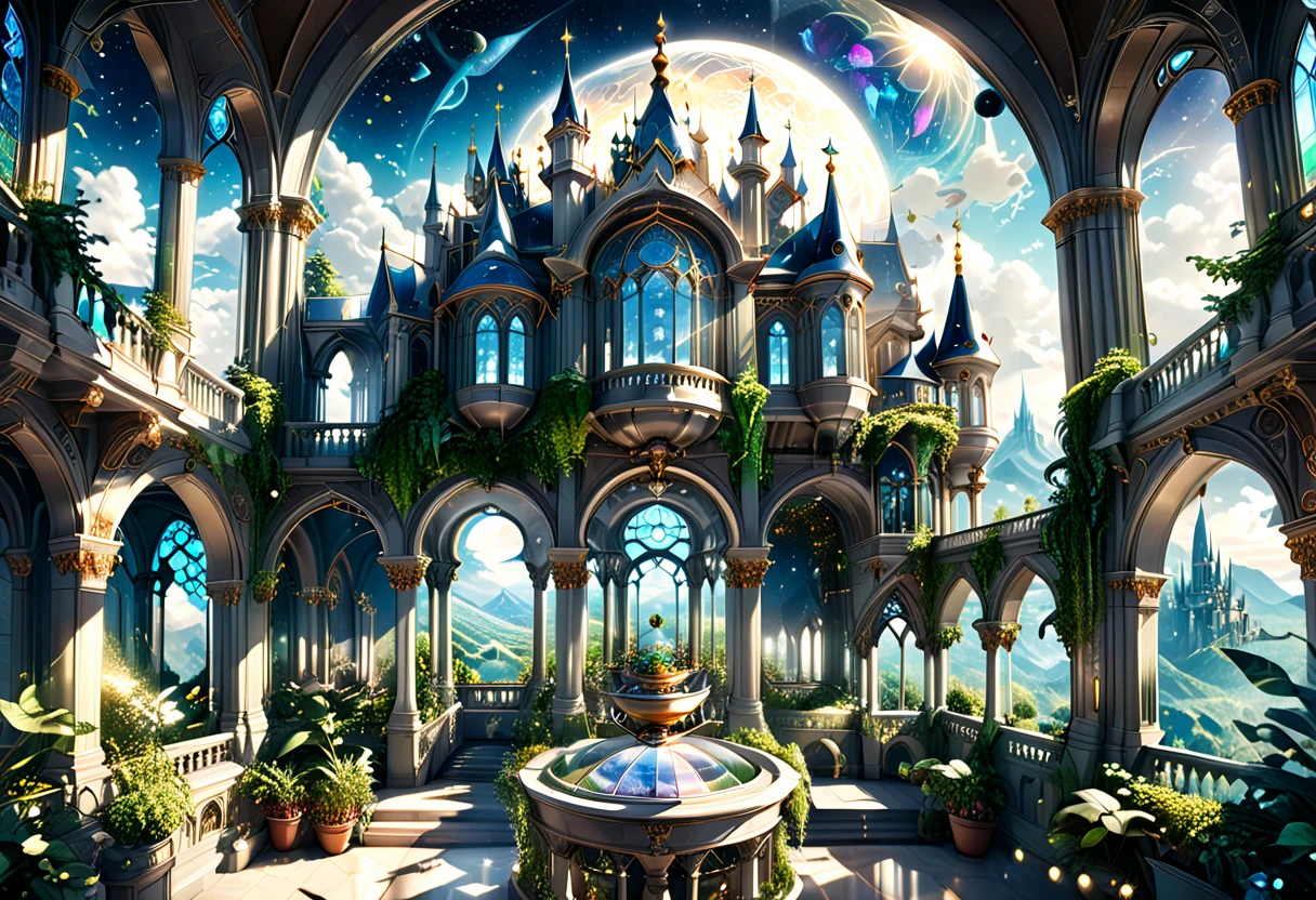 a magnificent floating royal castle in the sky, It is made of a material that resembles a mixture of pure white marble and transparent crystal, (a huge astronomical telescope on the balcony:1.2), ornate architecture, highly detailed, intricate carvings and decorations, glowing crystals, sunlight streaming through stained glass windows, overflowing gardens, lush greenery, (best quality,4k,8k,highres,masterpiece:1.2),ultra-detailed,(realistic,photorealistic,photo-realistic:1.37),detailed lighting, dramatic shadows, vibrant colors, fantasy, digital art, concept art