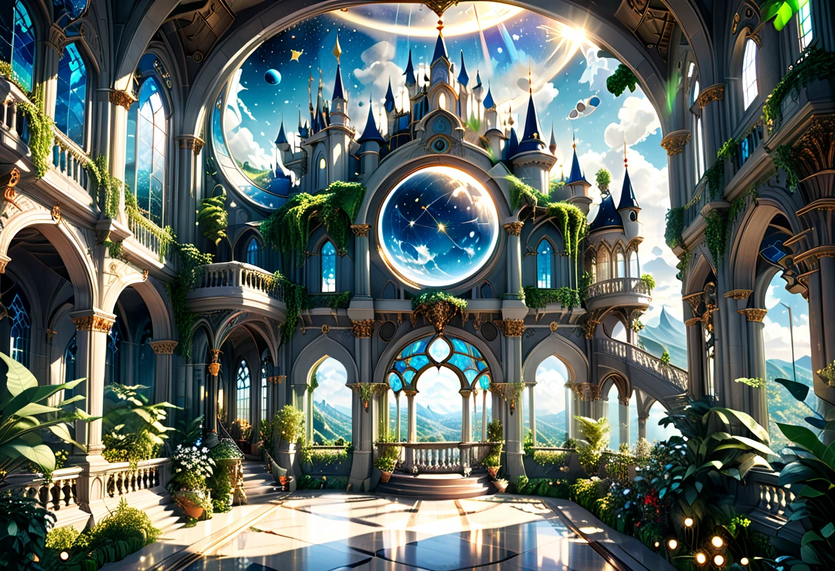 a magnificent floating royal castle in the sky, It is made of a material that resembles a mixture of pure white marble and transparent crystal, (a huge astronomical telescope on the balcony:1.2), ornate architecture, highly detailed, intricate carvings and decorations, glowing crystals, sunlight streaming through stained glass windows, overflowing gardens, lush greenery, (best quality,4k,8k,highres,masterpiece:1.2),ultra-detailed,(realistic,photorealistic,photo-realistic:1.37),detailed lighting, dramatic shadows, vibrant colors, fantasy, digital art, concept art