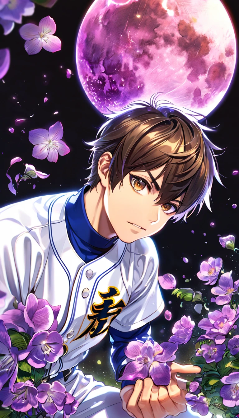 absurdres, highres, ultra detailed, HDR, master piece, best quality, Sawamura Eijun, brown hair, expressive brown eyes, Diamond No Ace, solo,  man, handsome, white baseball uniform, fantasy, purple moon, purple flowers, purple blossoms, purple petals, fireflies