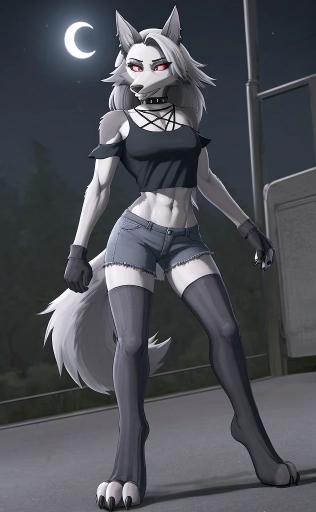 Loona is a hellhound with a wolf-like appearance. She has a pointed, dog-like muzzle with sharp and pointy teeth, and a dark grey nose. Her eyes have red sclera, white irises and slit-like pupils, and she wears grey eyeshadow and black winged-eyeliner for makeup, Her fur is white with grey countershading encircling her face, grey patches on her shoulders, and long, voluminous silver hair swept to the side to reveal her dark grey ears; the left of which is pierced with two small, black hoop-piercings, while the right is ragged. She has a large, dark grey bushy tail with white on the underside. She also has a piercing on her right eyebrow with a black hoop for jewelry, Her outfit features a large, spiked black choker around her neck. Her tattered grey, off-the-shoulder crop-top is held up at the neckline by a series of crisscross spaghetti-straps that form an inverted pentagram. She also wears a set of black shorts that are tattered at the hems, with a white crescent moon detail on the right side, Loona also accessorizes with both black fingerless gloves and black thigh-high toeless stockings, with her black claws protruding due to her digitigrade stance., anthro wolf, female, adult, muscles, white fur, buffed body, tail, sexy, beefy body, furred body, furry chest hair, realistic, full body, photorealistic, ultra realistic, 8k, night, bare-chested, in back turned posing, sexy butt