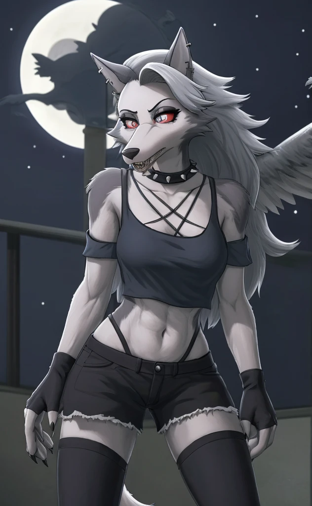 Loona is a hellhound with a wolf-like appearance. She has a pointed, dog-like muzzle with sharp and pointy teeth, and a dark grey nose. Her eyes have red sclera, white irises and slit-like pupils, and she wears grey eyeshadow and black winged-eyeliner for makeup, Her fur is white with grey countershading encircling her face, grey patches on her shoulders, and long, voluminous silver hair swept to the side to reveal her dark grey ears; the left of which is pierced with two small, black hoop-piercings, while the right is ragged. She has a large, dark grey bushy tail with white on the underside. She also has a piercing on her right eyebrow with a black hoop for jewelry, Her outfit features a large, spiked black choker around her neck. Her tattered grey, off-the-shoulder crop-top is held up at the neckline by a series of crisscross spaghetti-straps that form an inverted pentagram. She also wears a set of black shorts that are tattered at the hems, with a white crescent moon detail on the right side, Loona also accessorizes with both black fingerless gloves and black thigh-high toeless stockings, with her black claws protruding due to her digitigrade stance., anthro wolf, female, adult, muscles, white fur, buffed body, tail, sexy, beefy body, furred body, furry chest hair, realistic, full body, photorealistic, ultra realistic, 8k, night, bare-chested, in back turned posing, sexy butt