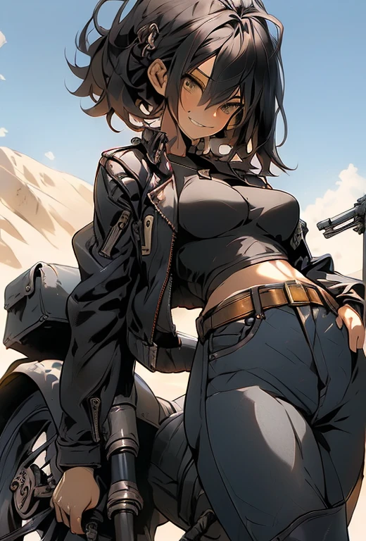 female, short messy black hair, aviator sunglasses, cigarette in mouth, black leather jacket, worn jeans, leather boots, huge chopper bike, desert landscape, sun above, bike gang, close up, huge breasts, defiant smile, leaning back, standing, legs crossed, crossed arms, dusk, tall