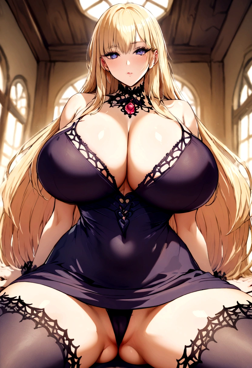 Create an image of the most stunningly gorgeous beautiful perfect sexy woman, stunningly beautiful face, showing clevage, large breast , perfect ass , full body view , long black tight edgGD lace goth dress, spider webs,