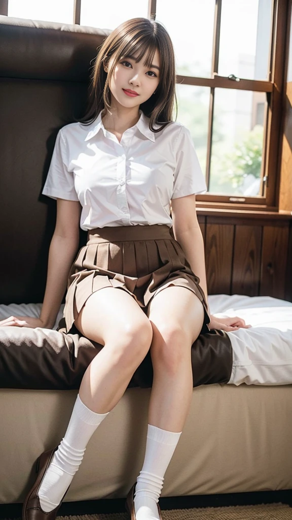 Highest quality、超A high resolution、(Photorealistic:1.5)、1 girl、(Brown Hair:1.2)、(Big Breasts:1.2)、Whole Body Ezbian、Schoolの教室、Smile、Bad Eyes、(Fascinating), ((exciting: 1.5)),Skirt, , White panties, socks, shirt, School, Knee-length, 白のshirt, loafers, Lively, Pleated skirt, Look to the side, Brown footwear, masterpiece,