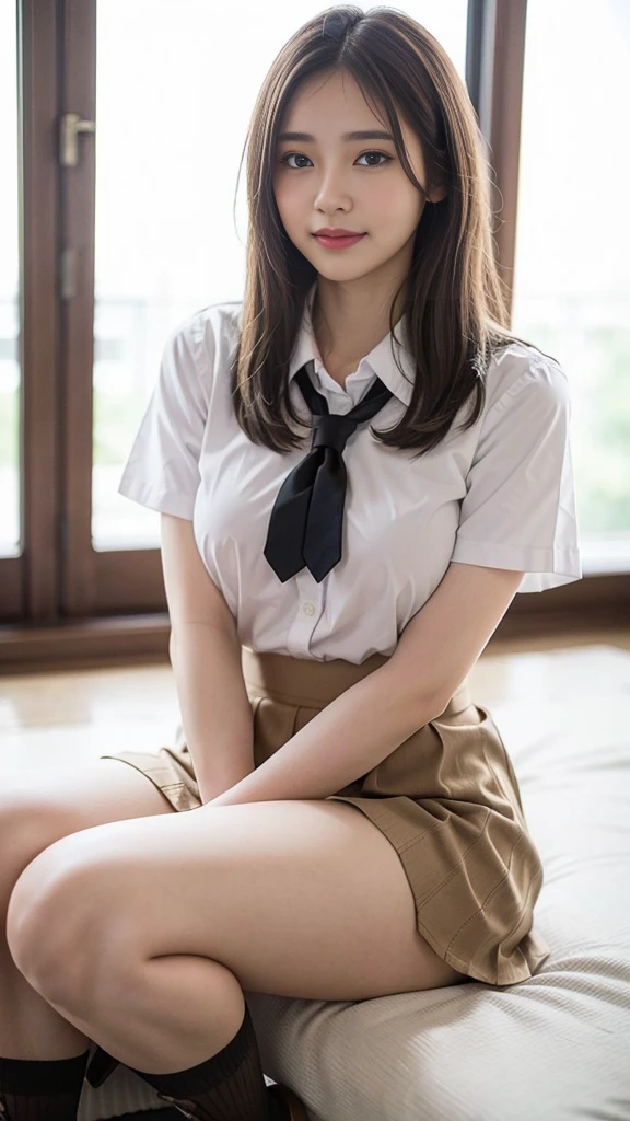 Highest quality、超A high resolution、(Photorealistic:1.5)、1 girl、(Brown Hair:1.2)、(Big Breasts:1.2)、Whole Body Ezbian、Schoolの教室、Smile、Bad Eyes、(Fascinating), ((exciting: 1.5)),Skirt, , White panties, socks, shirt, School, Knee-length, 白のshirt, loafers, Lively,  Pleated skirt, Look to the side, Brown footwear, masterpiece, 