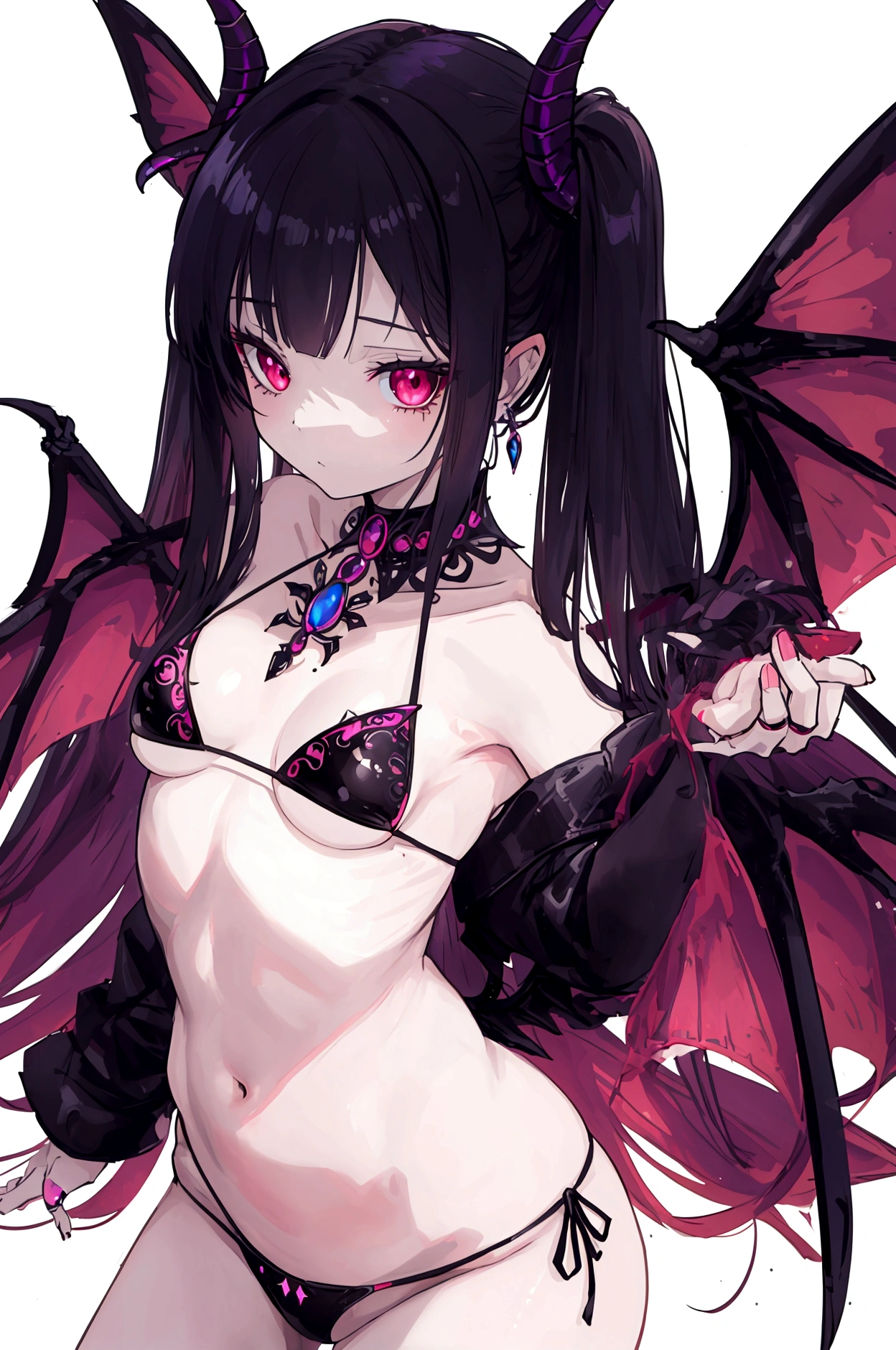 ((Best masterpiece, Perfect quality, Ultra detailed)), A succubus female with small bust, With demon-tail, With tiny wings,Wearing black bikini, From above angle