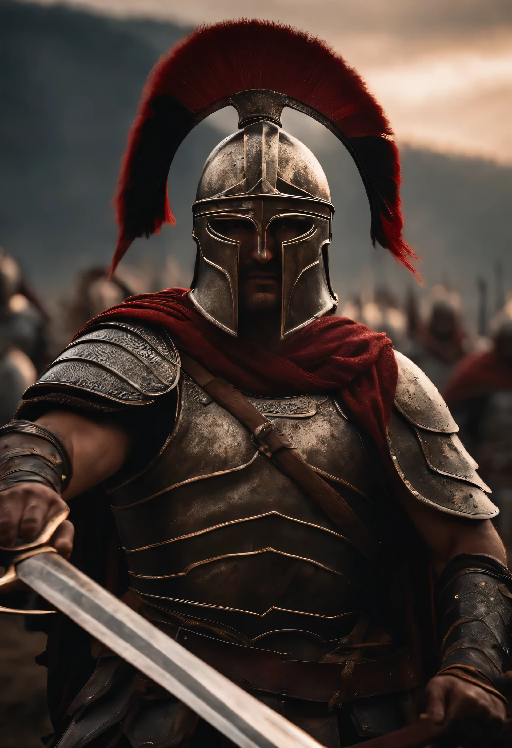 spartan warrior, dying , bloody armor, on battlefield, standing with a spear, epic, 8K
