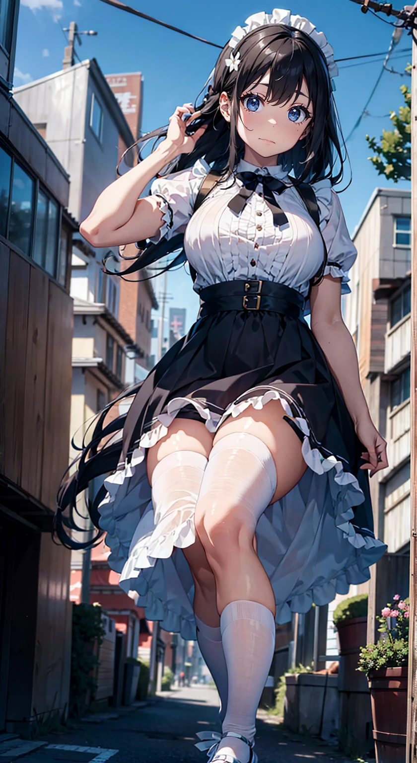 White frilly ribbon maid outfit、A girl bigger than a building、Background Blur、Gulliver's Travels、City of Rubble、Big Tits、Big Tits、Big 、Plump thighs、Plump thighs、Building fire、Giant girl sitting on the roof of a skyscraper、cigarette、Building fire、((((Big building explosion))))、Reaching out、End of the Century Ruins、Tall woman