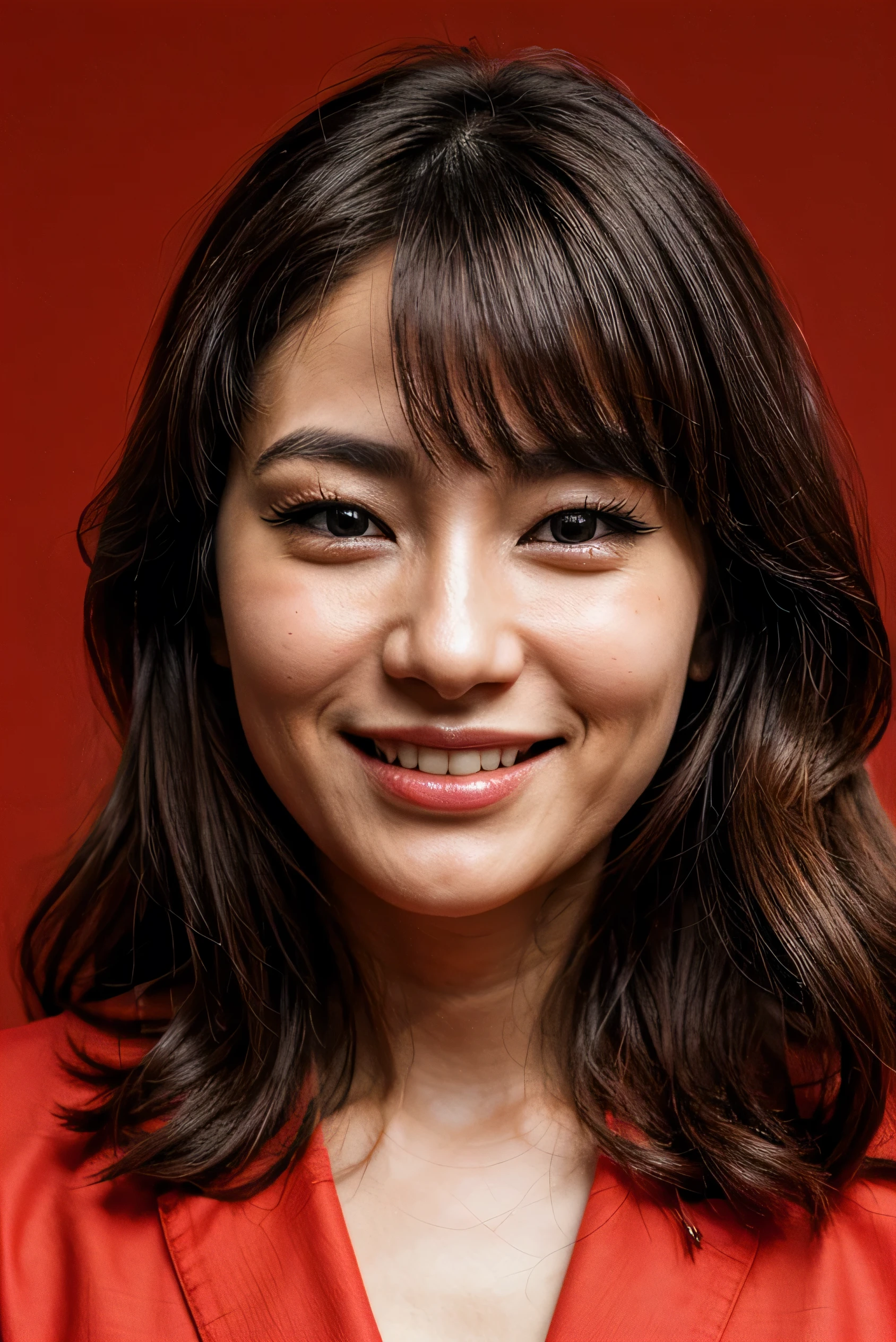 face perfect, beautiful face of a 30 year old Japanese woman, Smiling beautiful, with red background