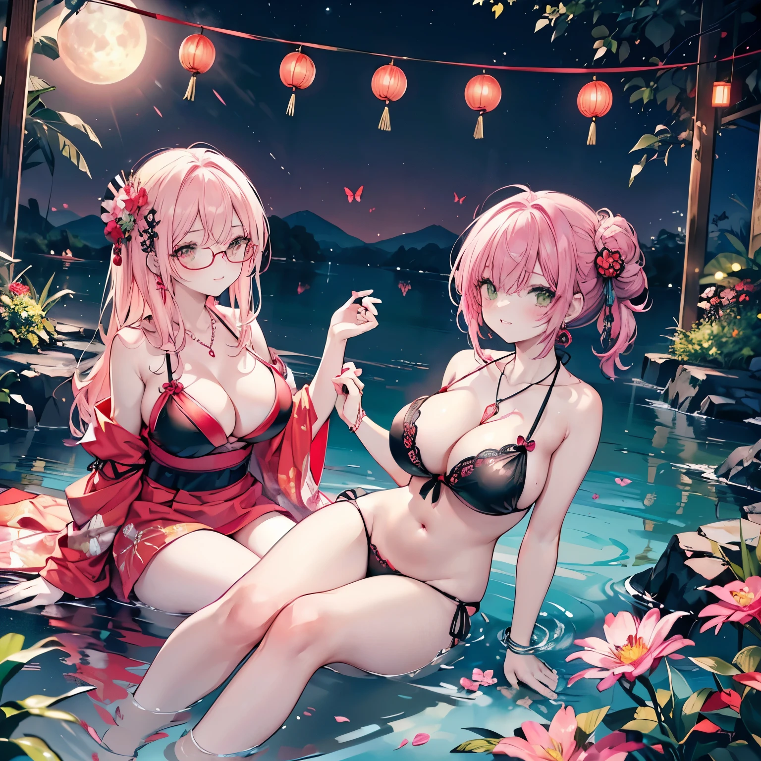 high angle,from above,cleavage,(wearing elegant pink frame glasses),
(beautiful pink and green butterflies and dragonflies all over the place),colorful flowers,fantasy beams and lights,
((masterpiece:1.4, best quality)), ((masterpiece, best quality)),wet full body, bathing in the water,(beautiful emerald green lake),water splash,lovely laugh,((sexy colorful japanese yukata)), ((black and red elegant string tied summer bikini)), (Lace chalker, wristband, diamond necklace,earrings),cinematic lighting and pause,beautiful natural mysterious park,night sky,full moon,(beautiful pink and red butterflies and dragonflies all over the place),
