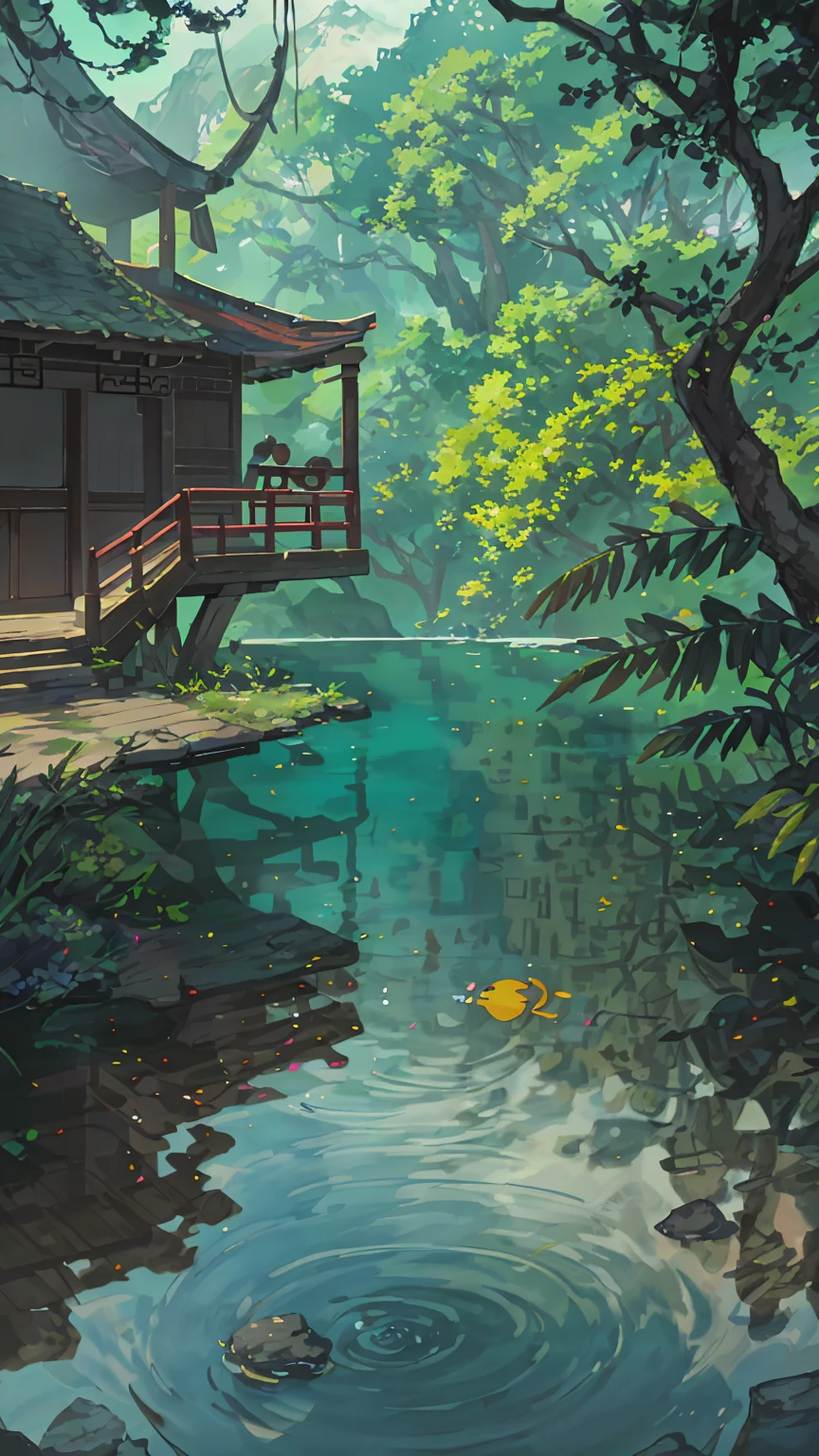 China, spring, jungle, lake, cave, Fall, Tree, grassland, rock, deer, hot spring, water vapor, (illustration: 1.0), Epic Composition, Realistic lighting, High-resolution details, masterpiece, best quality, (Highly detailed CG Unity 8k wallpaper)